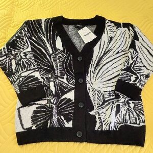 Desigual Black White Graphic Cropped Cardigan NWT Size S